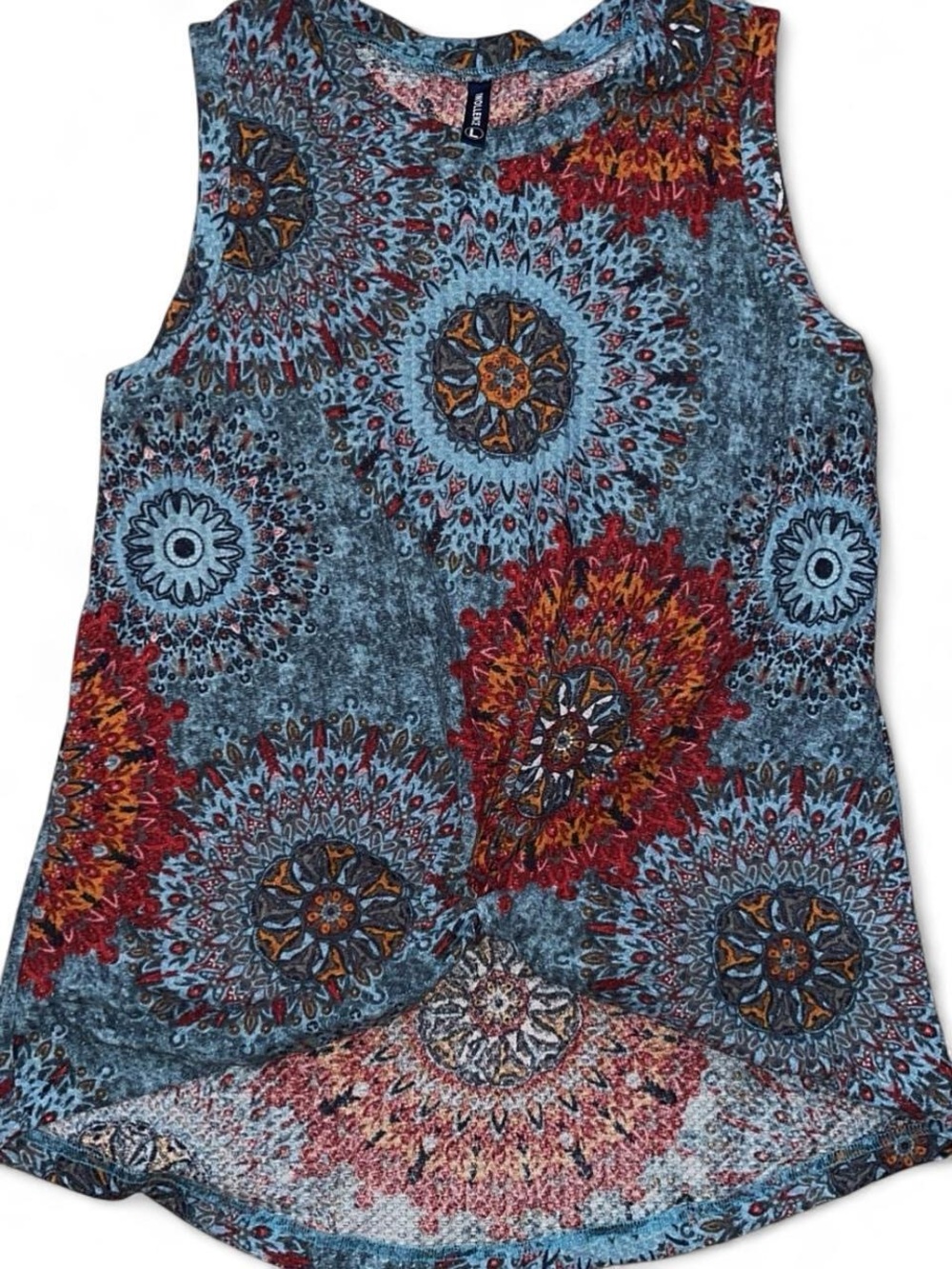 Cato Blue Floral Medallion Tank with Red and Orange Accents